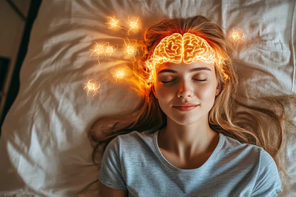 mujer tumbada en una cama, la cabeza en la almohada y sobre su cabeza está dibujado el cerebro