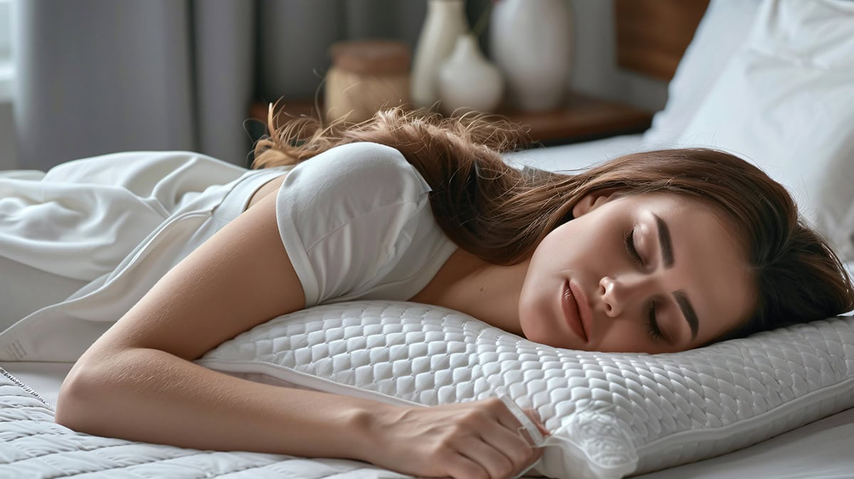 mujer durmiendo sobre una almohada blanca