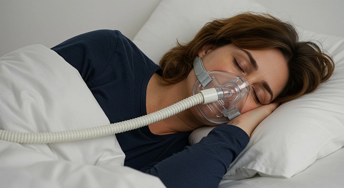 primer plano de una mujer durmiendo con máscara de apnea del sueño. La cabeza apoyada sobre una mano