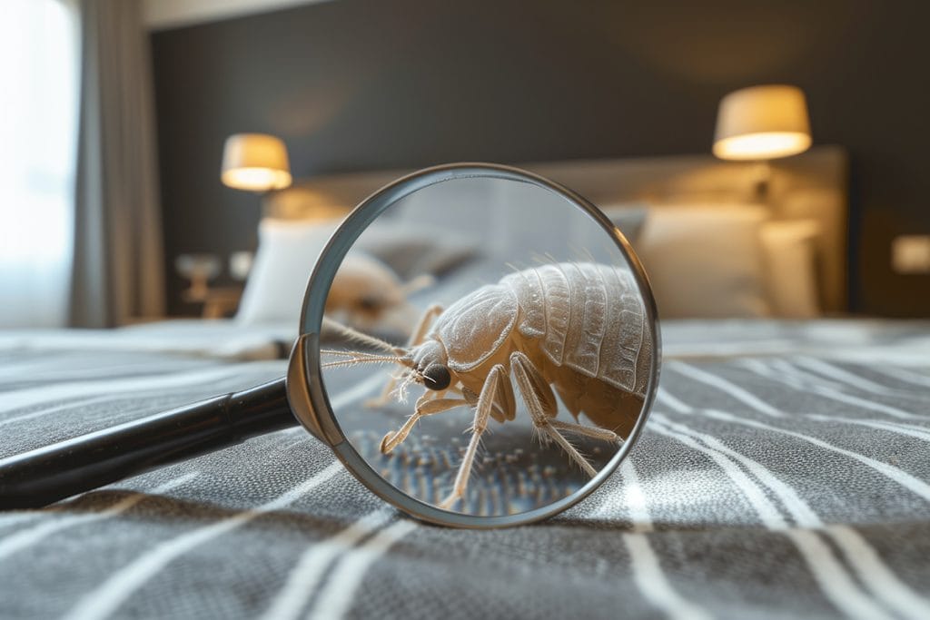 una lupa sobre un colchón que hace ver un ácaro más grande