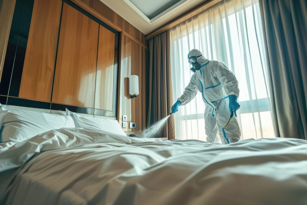 una habitación con una cama y una persona tapada al completo con mascara y una especie de spray del que sale un gas hacia el colchon para limpiarlo