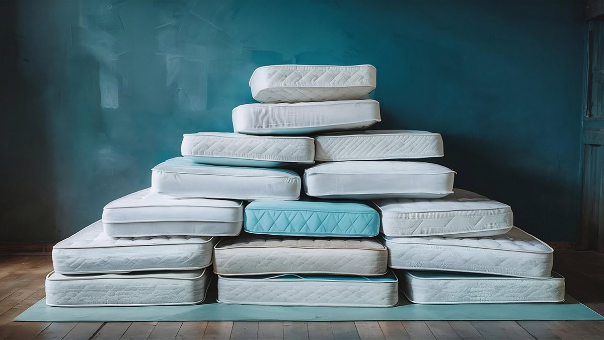 colchones de distintos tamaños apilados unos encima de otros sobre una pared de color azul oscuro